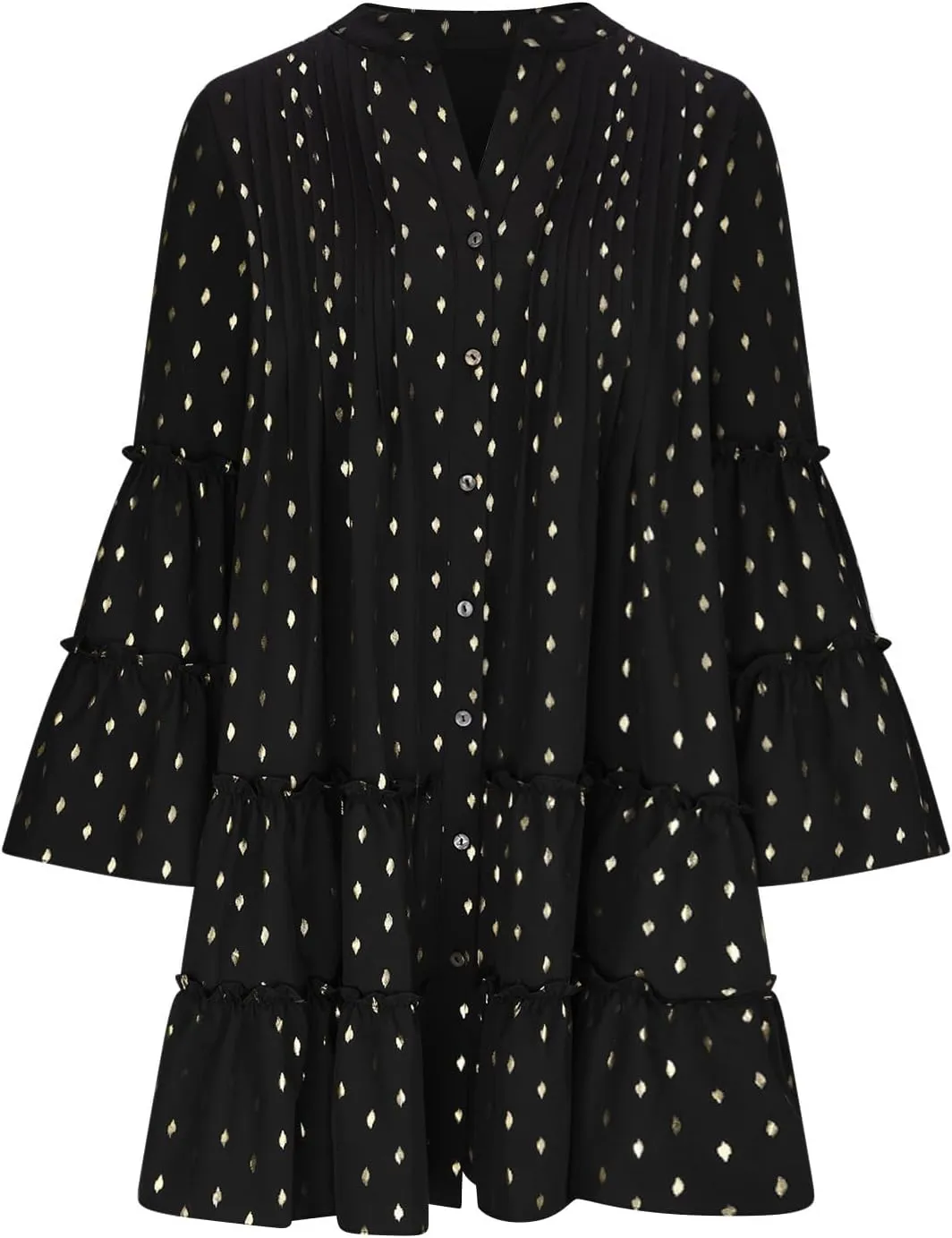 Women's Summer Button Down Pleated Shirt Dress Bell Long Sleeve Tiered Ruffle Flowy A-Line Swing Mini Babydoll Dresses
