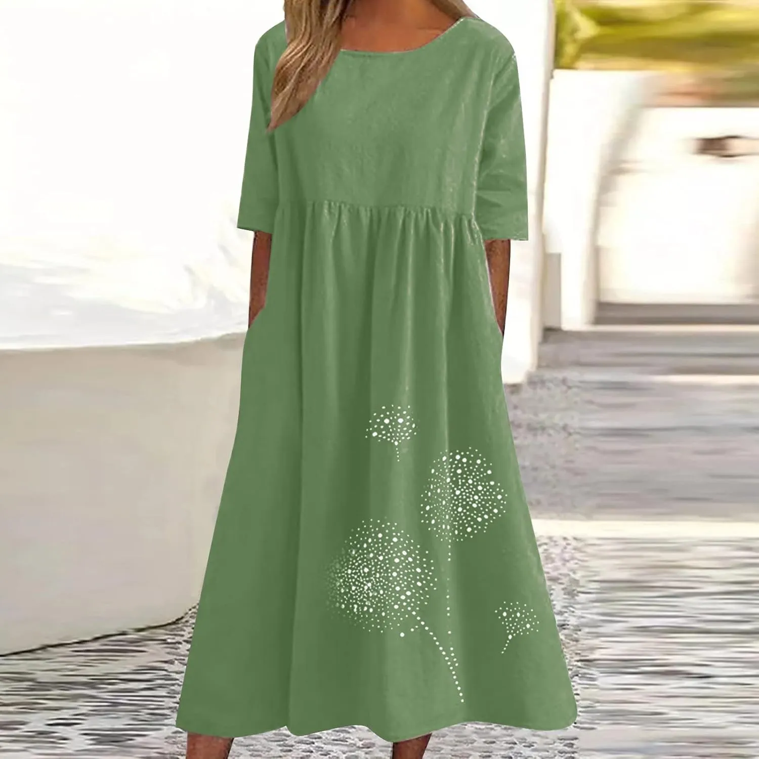 Womens Summer Casual Cotton Linen Boho Dress Short Sleeve Linen Maxi Dresses Loose Plus Size Beach Dress with Pockets