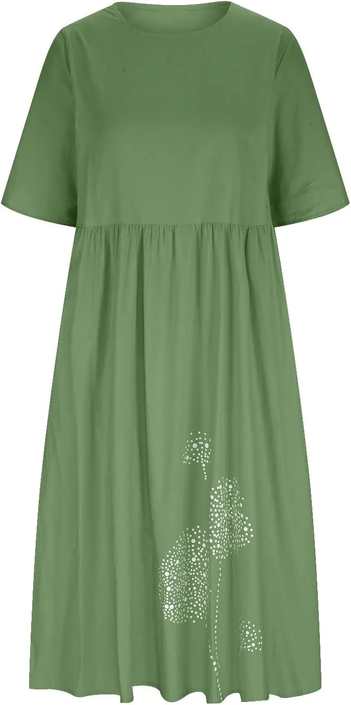 Womens Summer Casual Cotton Linen Boho Dress Short Sleeve Linen Maxi Dresses Loose Plus Size Beach Dress with Pockets