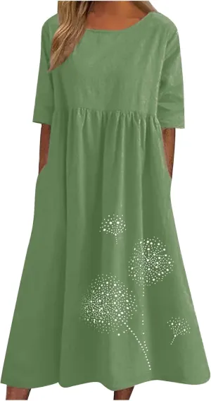 Womens Summer Casual Cotton Linen Boho Dress Short Sleeve Linen Maxi Dresses Loose Plus Size Beach Dress with Pockets