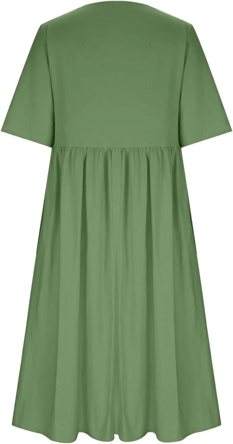 Womens Summer Casual Cotton Linen Boho Dress Short Sleeve Linen Maxi Dresses Loose Plus Size Beach Dress with Pockets