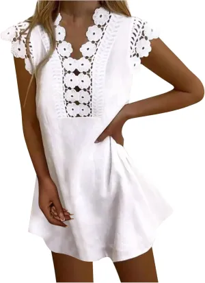 Womens Summer Dress Crochet Lace Sleeveless Ruffle Sleeve V Neck Mini Dress Casual Loose Tank Dresses Flowy Sundress