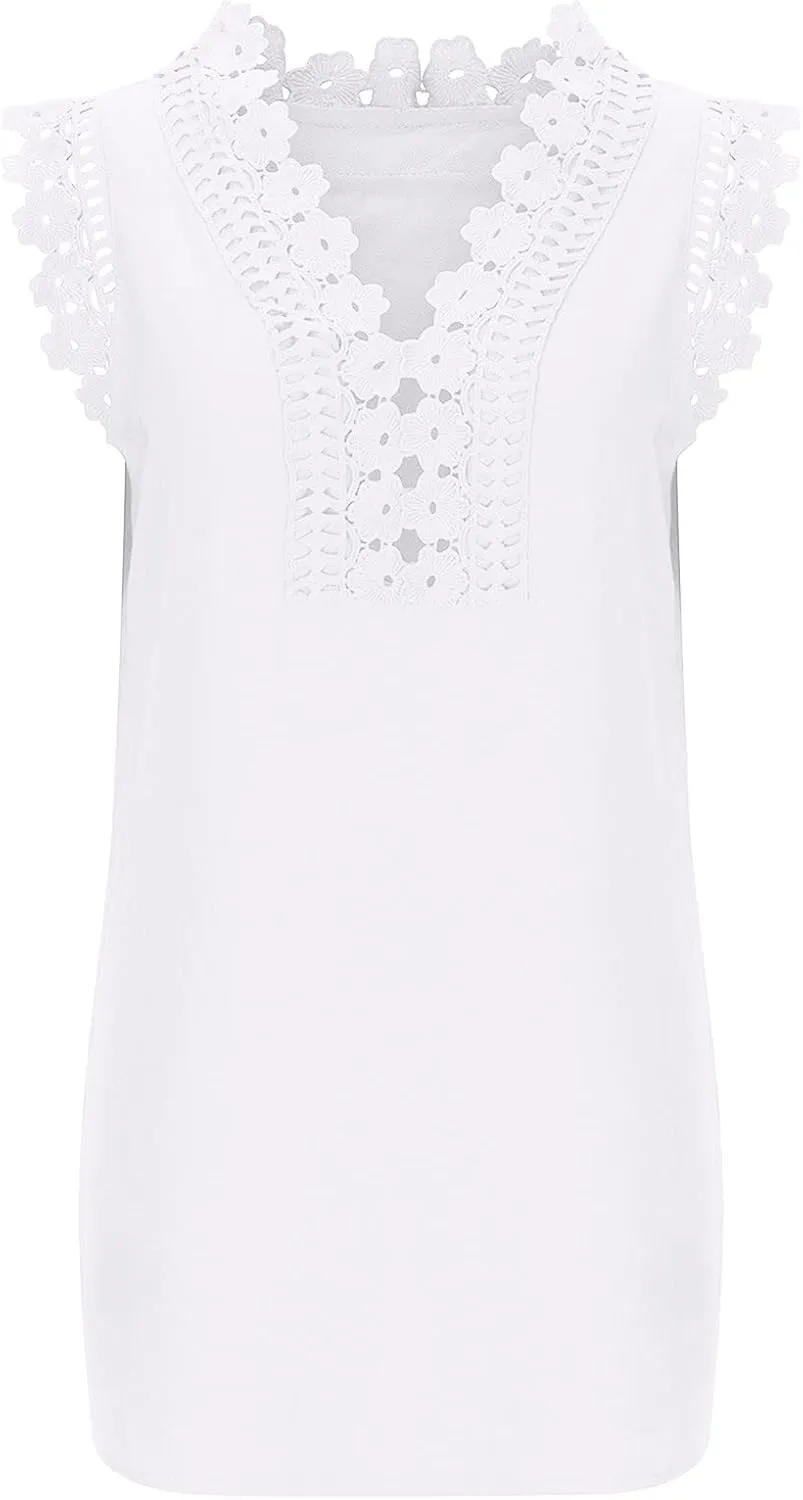 Womens Summer Dress Crochet Lace Sleeveless Ruffle Sleeve V Neck Mini Dress Casual Loose Tank Dresses Flowy Sundress