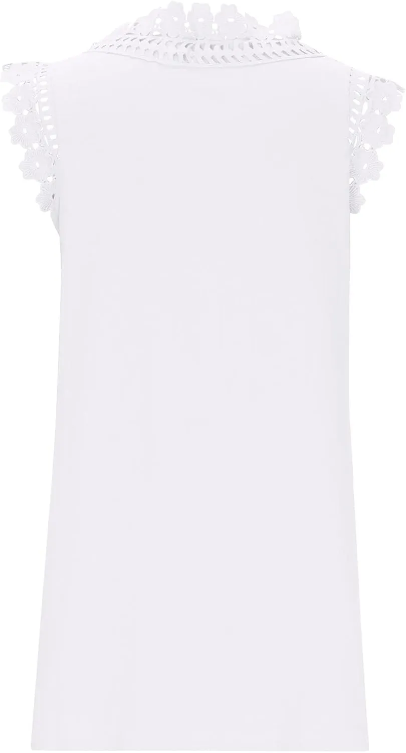 Womens Summer Dress Crochet Lace Sleeveless Ruffle Sleeve V Neck Mini Dress Casual Loose Tank Dresses Flowy Sundress