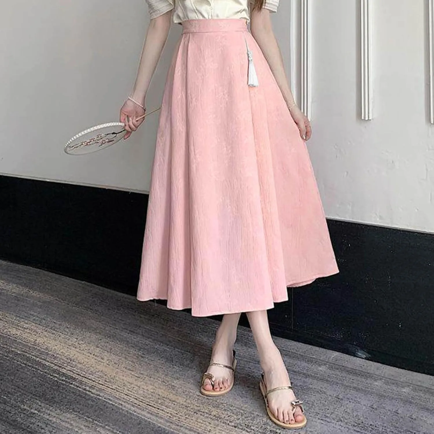 Womens Summer Fashion Midi Skirts with Tassels Fringe Elastic High Waist Flowy Pleated Casual Skirt with Pockets