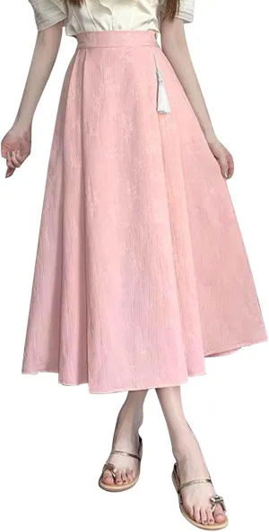 Womens Summer Fashion Midi Skirts with Tassels Fringe Elastic High Waist Flowy Pleated Casual Skirt with Pockets