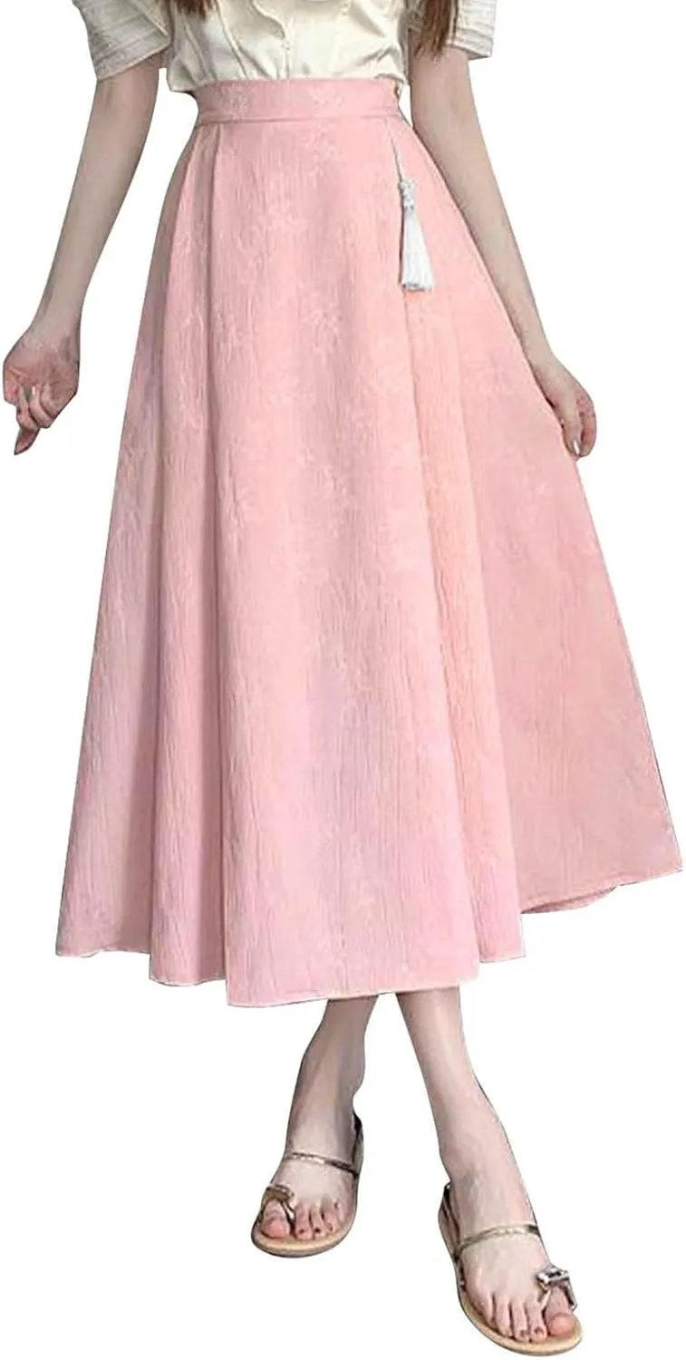 Womens Summer Fashion Midi Skirts with Tassels Fringe Elastic High Waist Flowy Pleated Casual Skirt with Pockets