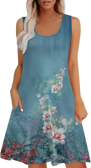 Women's Summer Floral Graphic Midi Dress 2025 Sleeveless Casual Loose Sundress 2025 Travel Vacation Beach Outfits