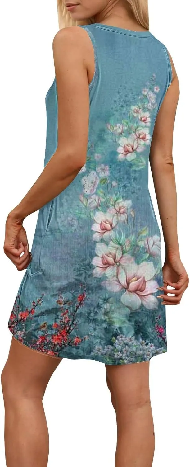 Women's Summer Floral Graphic Midi Dress 2025 Sleeveless Casual Loose Sundress 2025 Travel Vacation Beach Outfits