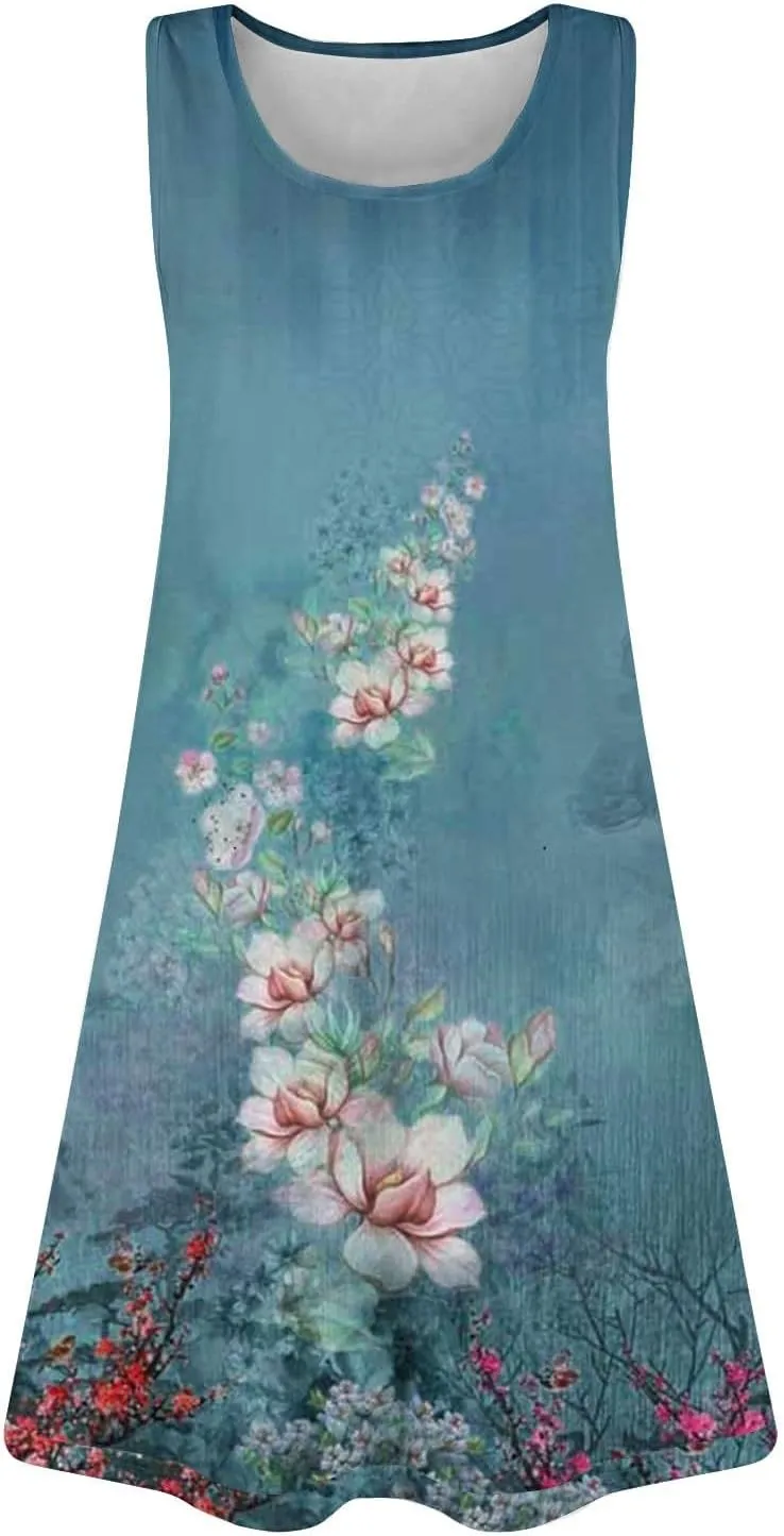 Women's Summer Floral Graphic Midi Dress 2025 Sleeveless Casual Loose Sundress 2025 Travel Vacation Beach Outfits
