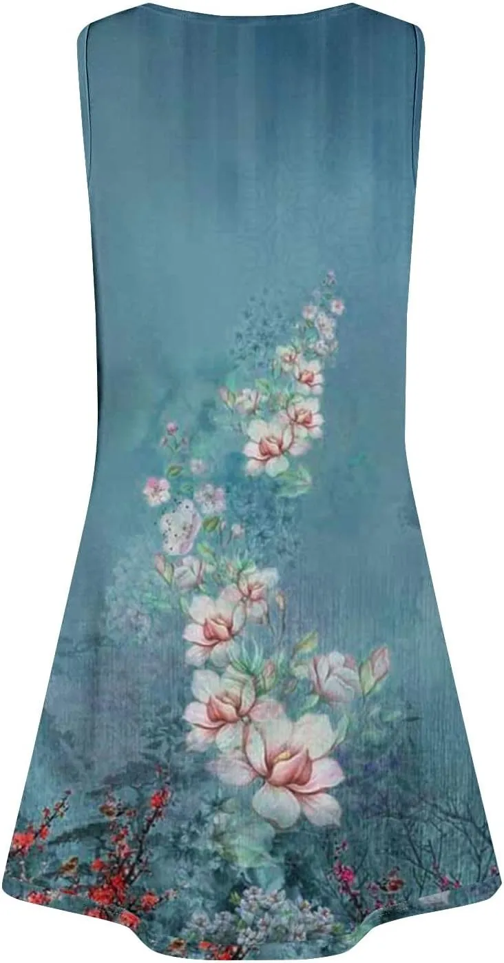 Women's Summer Floral Graphic Midi Dress 2025 Sleeveless Casual Loose Sundress 2025 Travel Vacation Beach Outfits