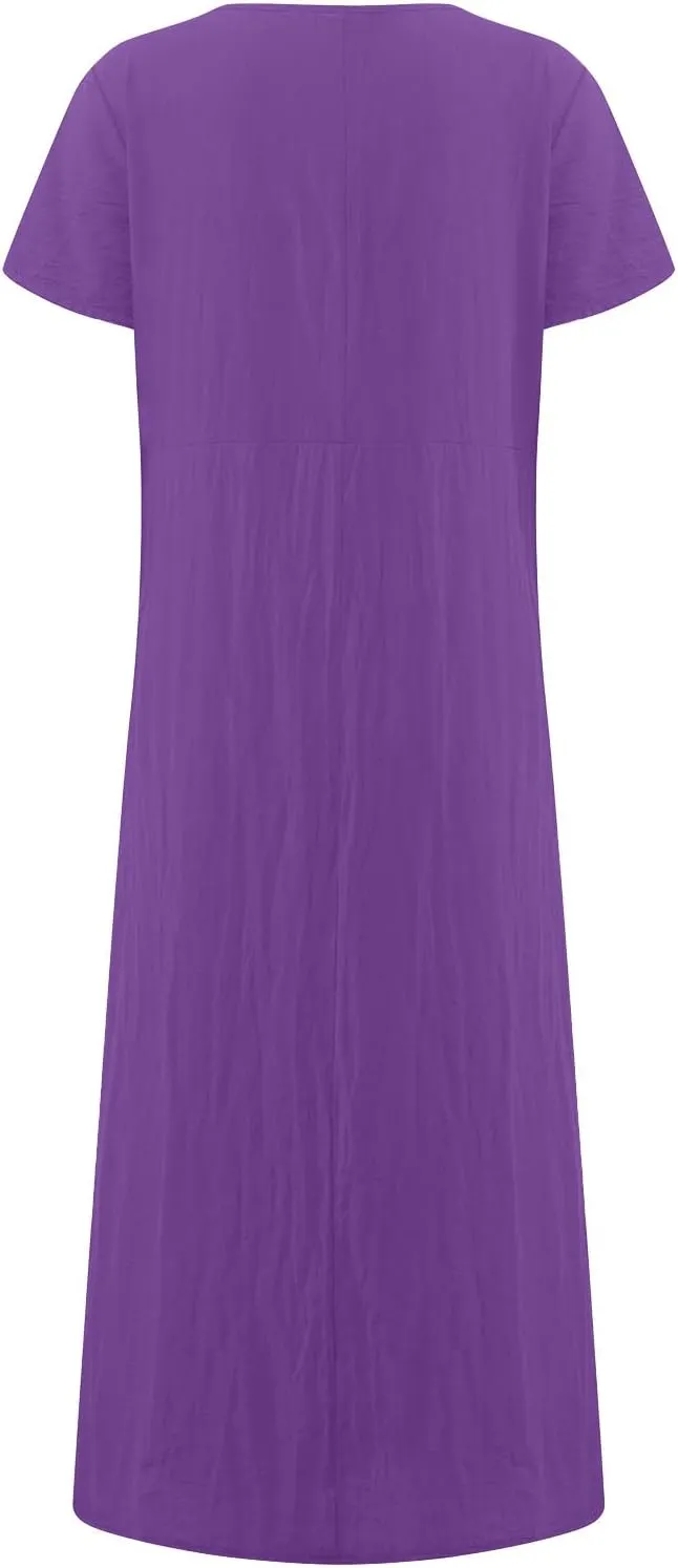 Womens Summer Midi Dresses Casual Short Sleeve A-Line Cotton Linen Dress Flowly Beach Tunic Sundresses with Pockets