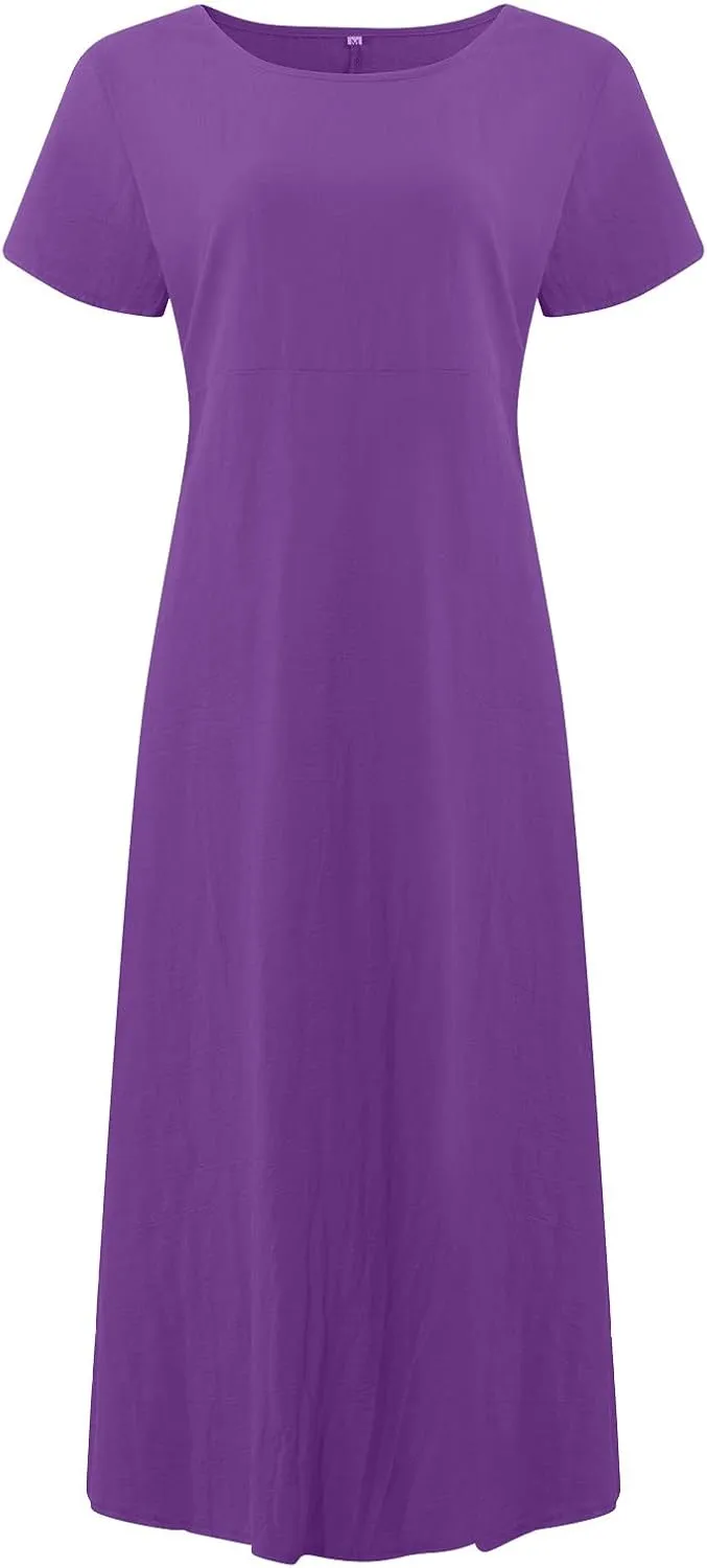 Womens Summer Midi Dresses Casual Short Sleeve A-Line Cotton Linen Dress Flowly Beach Tunic Sundresses with Pockets
