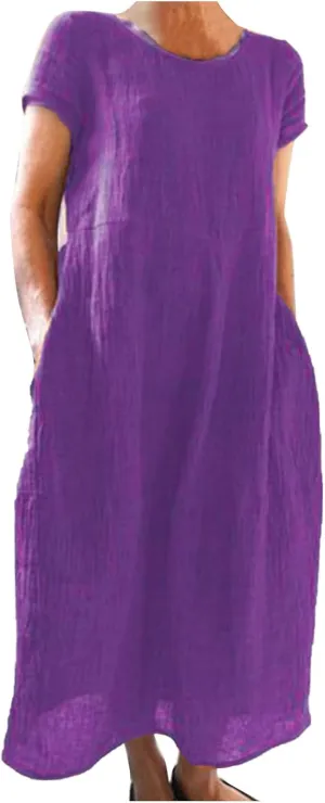 Womens Summer Midi Dresses Casual Short Sleeve A-Line Cotton Linen Dress Flowly Beach Tunic Sundresses with Pockets