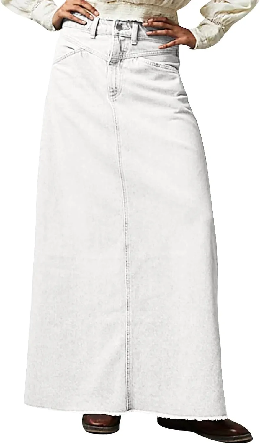 Women's Summer Skirts 2025 Casual Loose Trendy Elastic Waist Solid Color Sun Beach Long Maxi Denim Skirt, S-XL