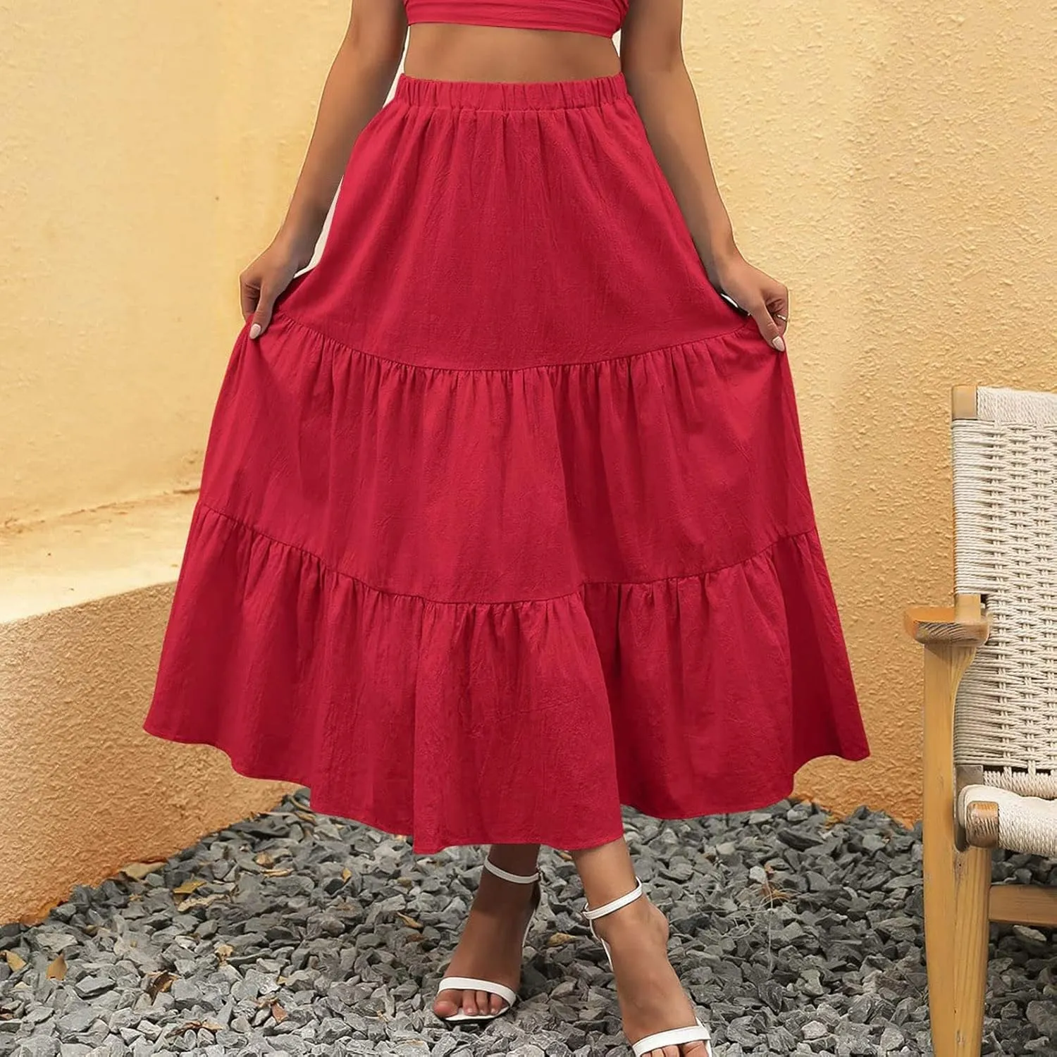 Womens Swing Ruffle Beach Pleated Elastic Summer with Pockets Boho Long Skirt and Top Set for Women High Rise Skirts