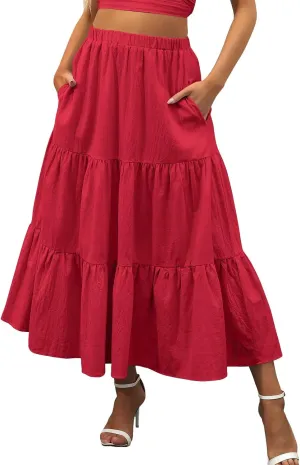 Womens Swing Ruffle Beach Pleated Elastic Summer with Pockets Boho Long Skirt and Top Set for Women High Rise Skirts