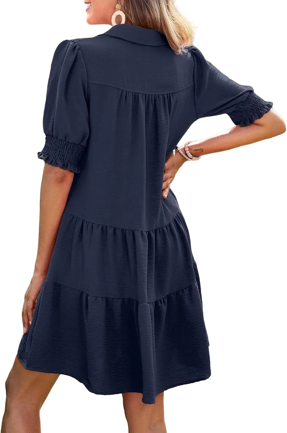 Womens Trendy Ruffle Short Sleeve Dresses 2025 Summer V Neck Pleated Flowy Tiered Mini Beach Dress