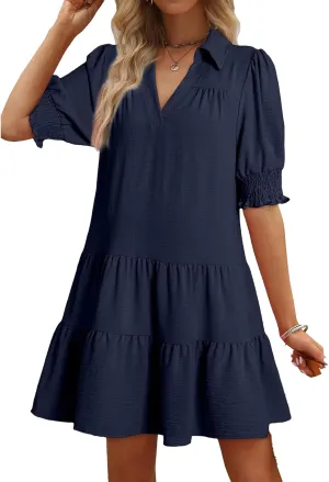 Womens Trendy Ruffle Short Sleeve Dresses 2025 Summer V Neck Pleated Flowy Tiered Mini Beach Dress