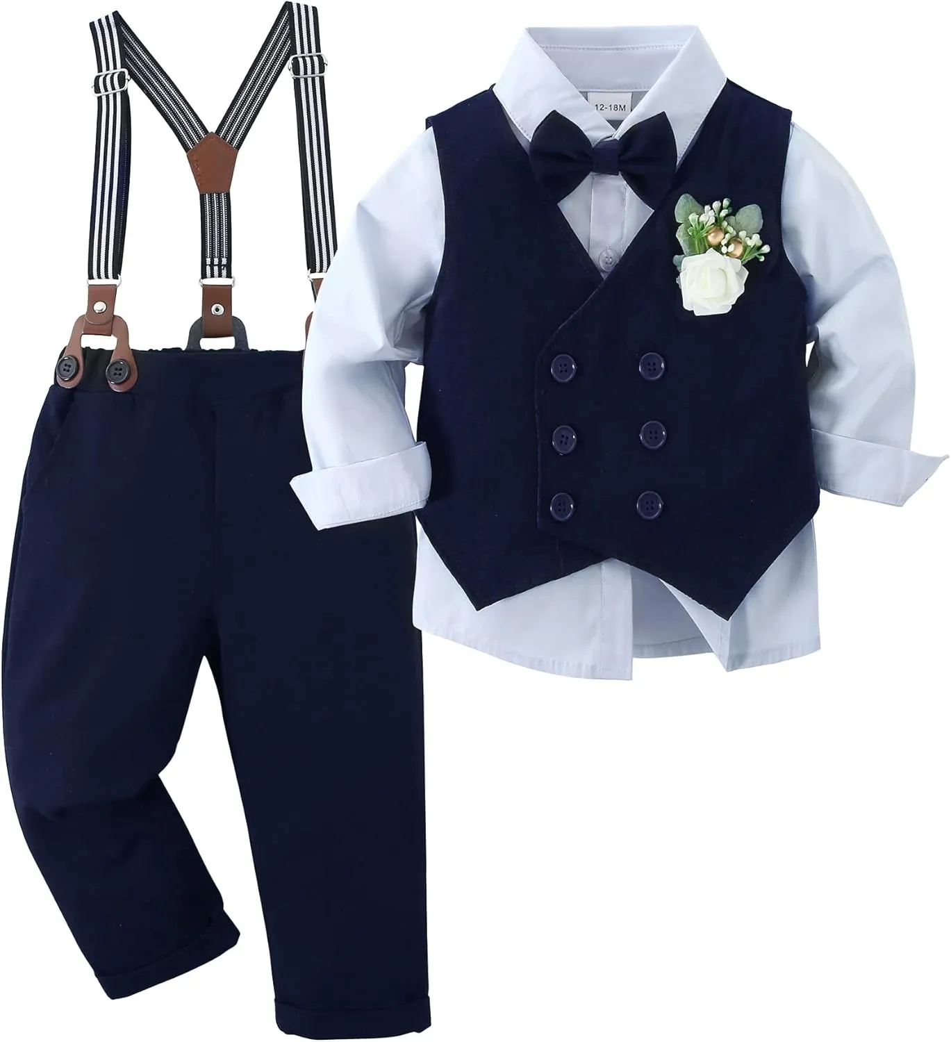 YALLET Toddler Baby Boy Clothes Suit Gentleman Wedding Outfits, Formal Dress Shirt Bowtie Vest Boutonniere Suspender Pants