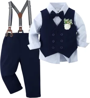 YALLET Toddler Baby Boy Clothes Suit Gentleman Wedding Outfits, Formal Dress Shirt Bowtie Vest Boutonniere Suspender Pants