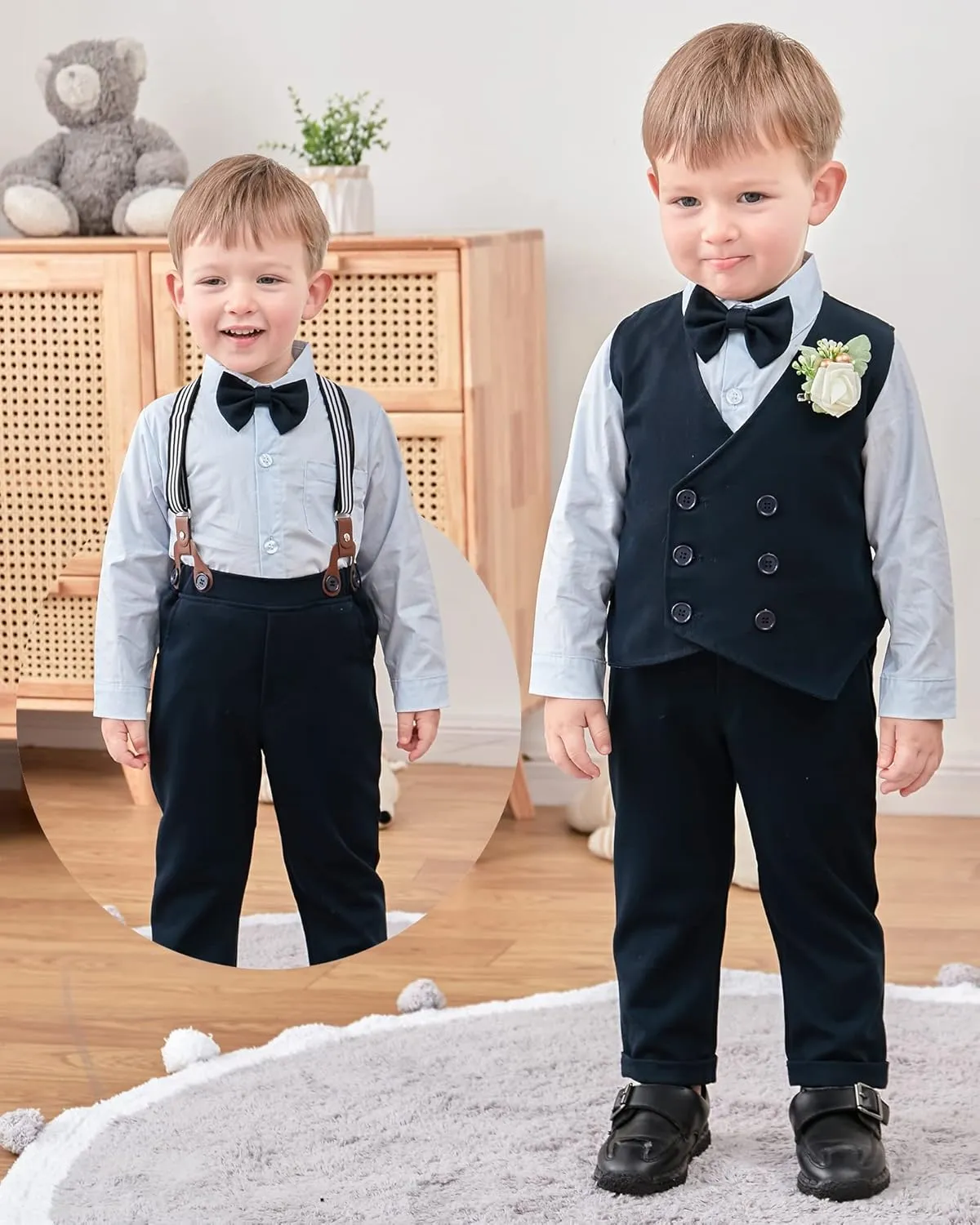 YALLET Toddler Baby Boy Clothes Suit Gentleman Wedding Outfits, Formal Dress Shirt Bowtie Vest Boutonniere Suspender Pants