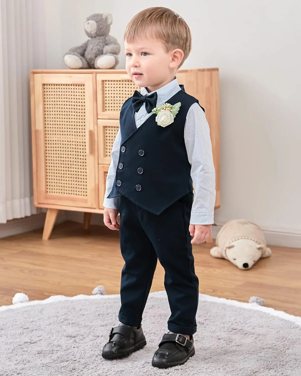 YALLET Toddler Baby Boy Clothes Suit Gentleman Wedding Outfits, Formal Dress Shirt Bowtie Vest Boutonniere Suspender Pants