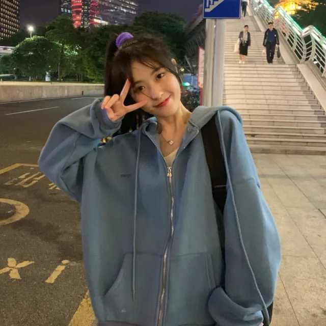 Yeknu Women Oversized Hoodies Autumn Casual Solid Zipper Sweatshirts Korean Version Loose Thin Long-sleeved Hooded Female Jacket Coat
