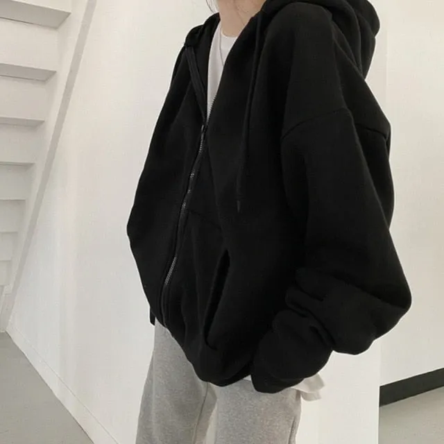 Yeknu Women Oversized Hoodies Autumn Casual Solid Zipper Sweatshirts Korean Version Loose Thin Long-sleeved Hooded Female Jacket Coat
