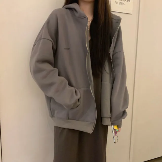 Yeknu Women Oversized Hoodies Autumn Casual Solid Zipper Sweatshirts Korean Version Loose Thin Long-sleeved Hooded Female Jacket Coat