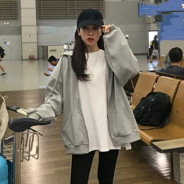 Yeknu Women Oversized Hoodies Autumn Casual Solid Zipper Sweatshirts Korean Version Loose Thin Long-sleeved Hooded Female Jacket Coat