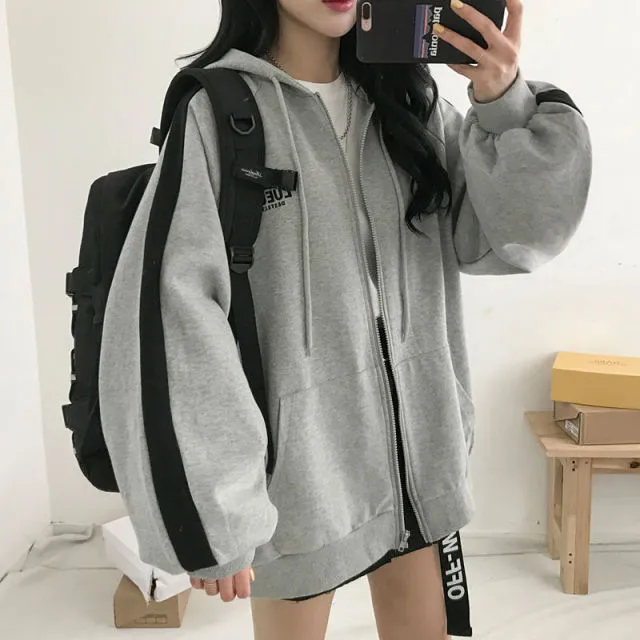 Yeknu Women Oversized Hoodies Autumn Casual Solid Zipper Sweatshirts Korean Version Loose Thin Long-sleeved Hooded Female Jacket Coat