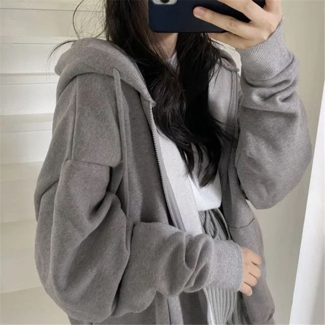 Yeknu Women Oversized Hoodies Autumn Casual Solid Zipper Sweatshirts Korean Version Loose Thin Long-sleeved Hooded Female Jacket Coat