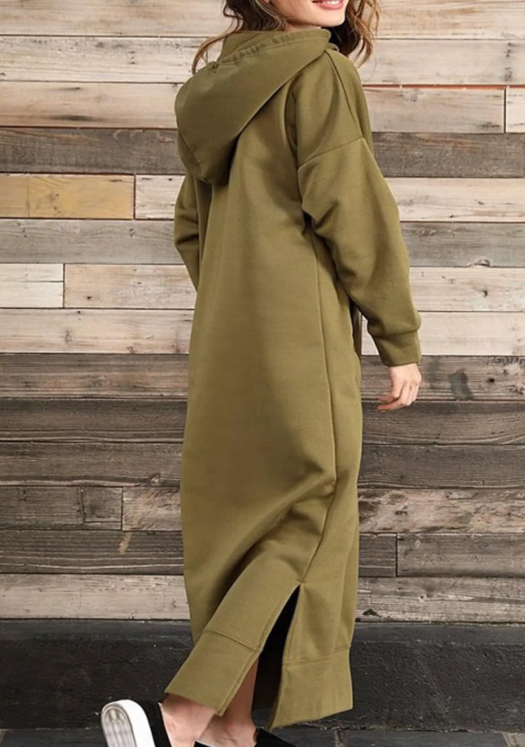 YMING Women's Hooded Maxi Pullover Dress Drawstring Solid Color Long Sweatshirt Fall Loose Slit Hoodies with Pockets