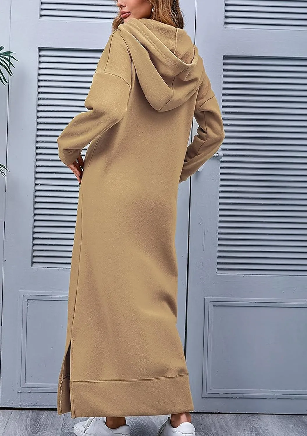 YMING Women's Hooded Maxi Pullover Dress Drawstring Solid Color Long Sweatshirt Fall Loose Slit Hoodies with Pockets