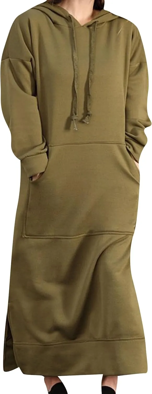 YMING Women's Hooded Maxi Pullover Dress Drawstring Solid Color Long Sweatshirt Fall Loose Slit Hoodies with Pockets