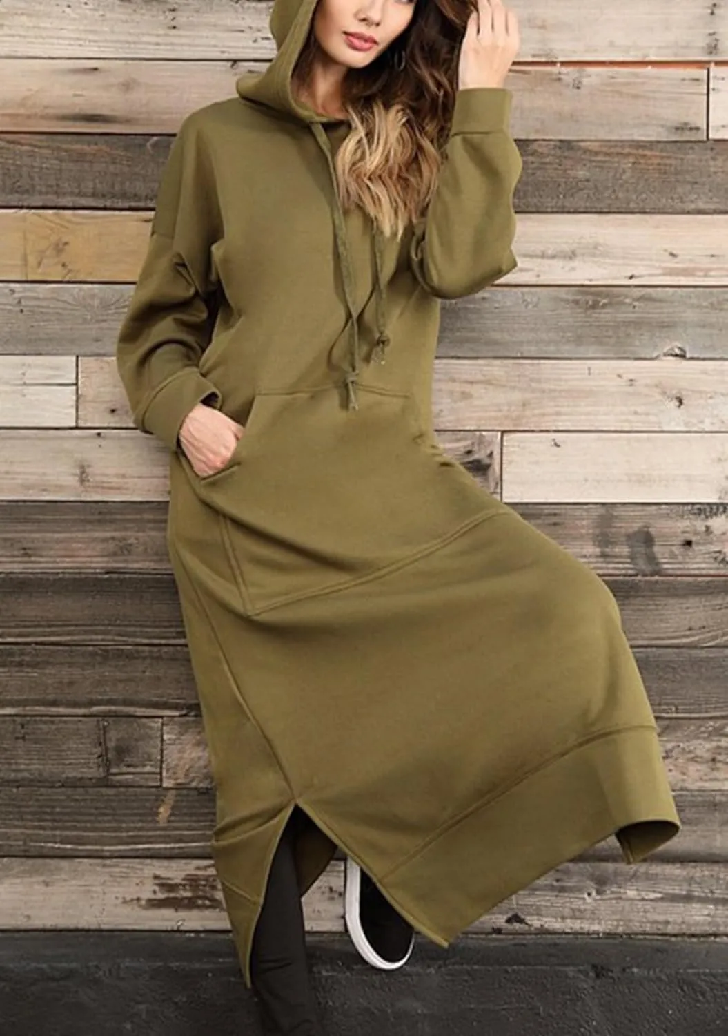 YMING Women's Hooded Maxi Pullover Dress Drawstring Solid Color Long Sweatshirt Fall Loose Slit Hoodies with Pockets