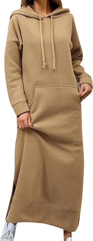 YMING Women's Hooded Maxi Pullover Dress Drawstring Solid Color Long Sweatshirt Fall Loose Slit Hoodies with Pockets