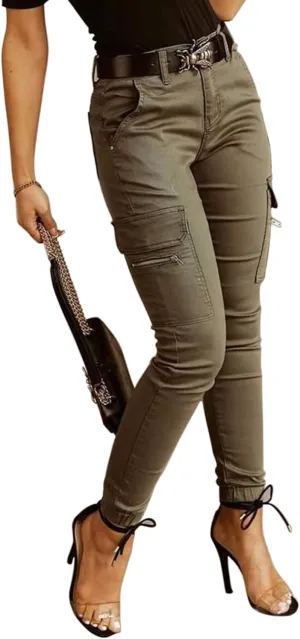 yoeasy Women Solid Color Slim Fit Cargo Pants Casaul Pocket High Waist Cargo Trouser