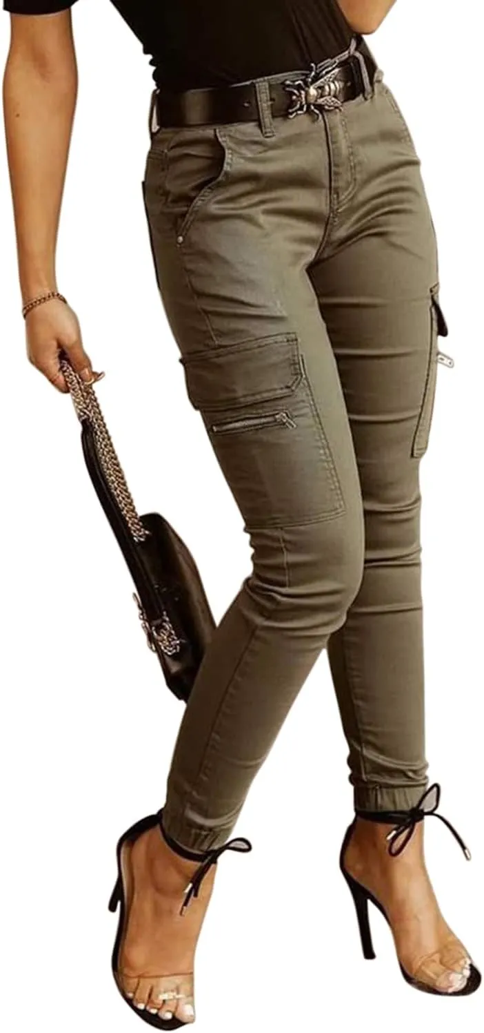 yoeasy Women Solid Color Slim Fit Cargo Pants Casaul Pocket High Waist Cargo Trouser
