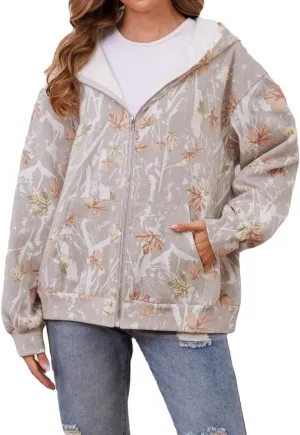 Zip Up Camo Hoodie Womens and Mens Maple Leaf Fleece Hooded Sweatshirt Oversized Camouflage Hoodies For Women