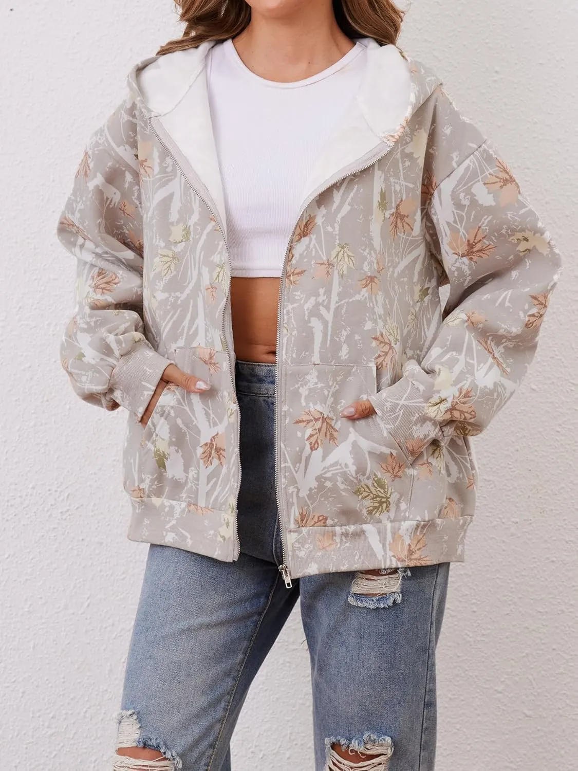 Zip Up Camo Hoodie Womens and Mens Maple Leaf Fleece Hooded Sweatshirt Oversized Camouflage Hoodies For Women