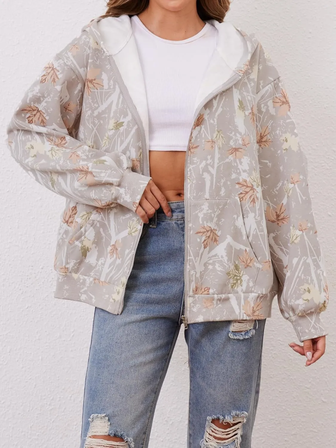 Zip Up Camo Hoodie Womens and Mens Maple Leaf Fleece Hooded Sweatshirt Oversized Camouflage Hoodies For Women