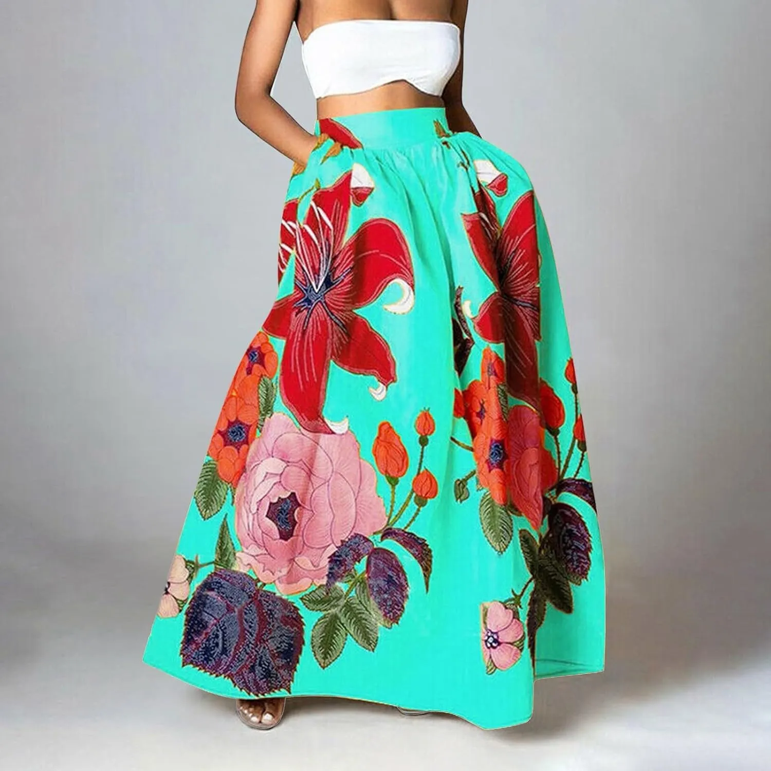 ZYXTIM Maxi Skirts for Women Trendy Summer Long Skirts Floral Printed Colorful Fashion Skirt for Party Beach Holiday Travel